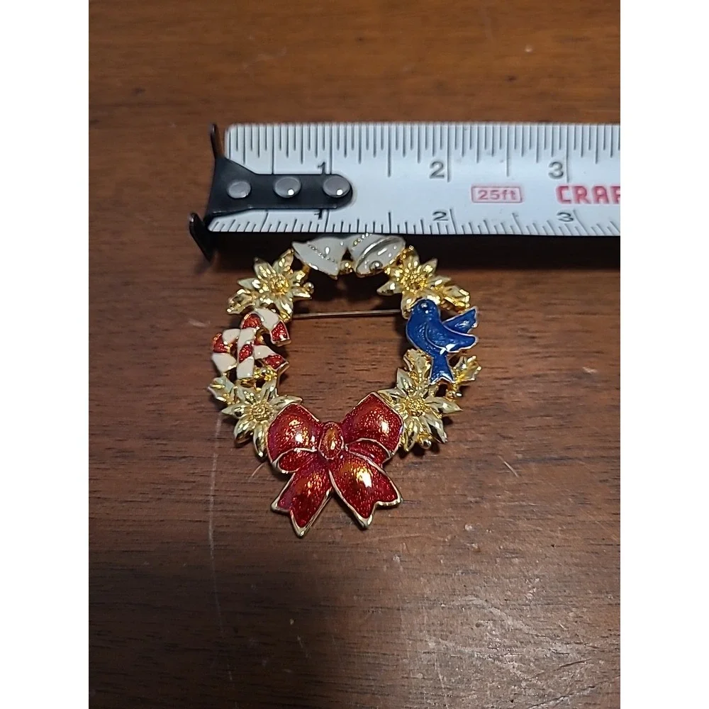 Vintage Christmas Brooch Pin Wreath Red Bow Blue Bird White Bells Candy Canes 2